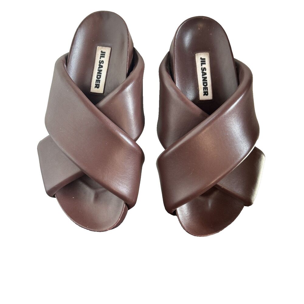 Jil Sander Chocolate-Burgundy  Leather Wrapped Slide Sandals Sz 38/US 7.5
